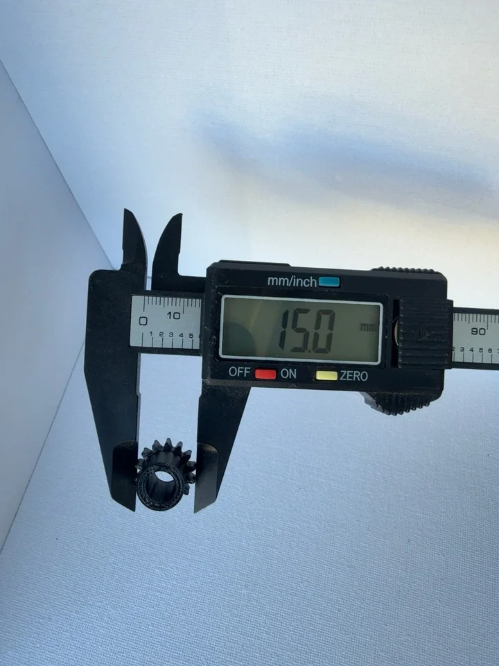 Brother Star 110 Pattern Selector Gear — original caliper photograph showing 15.0 mm across the shown contact points